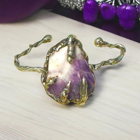 Handcrafted Amethyst Stone Claw Bangle Bracelet With Silver Blend Twist Design - Picture 10 of 11